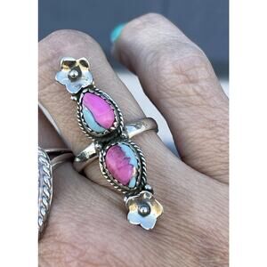 Cotton Candy Turquoise Sterling Silver Ring Blue Pink Flower Southwest 2 Stone